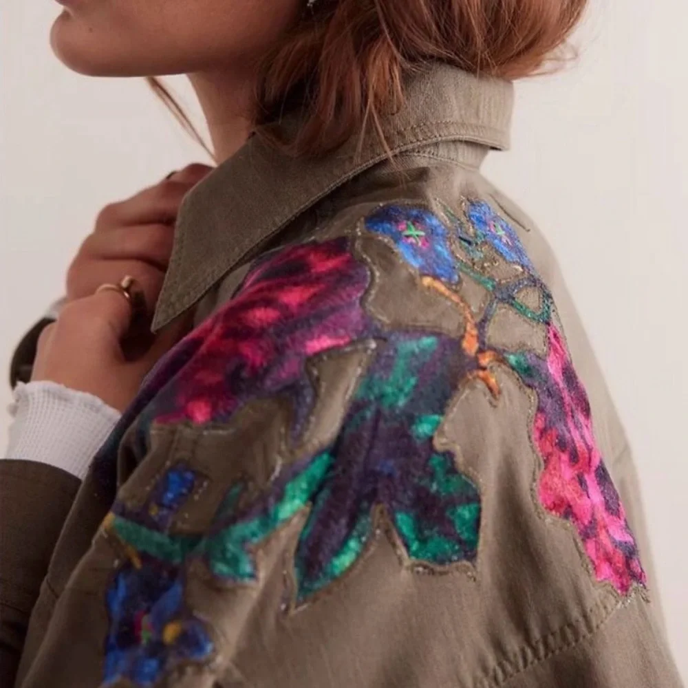 Free People We The Free Velvet Rose Embroidered Utility Jacket Shacket NWT L - Picture 3 of 12